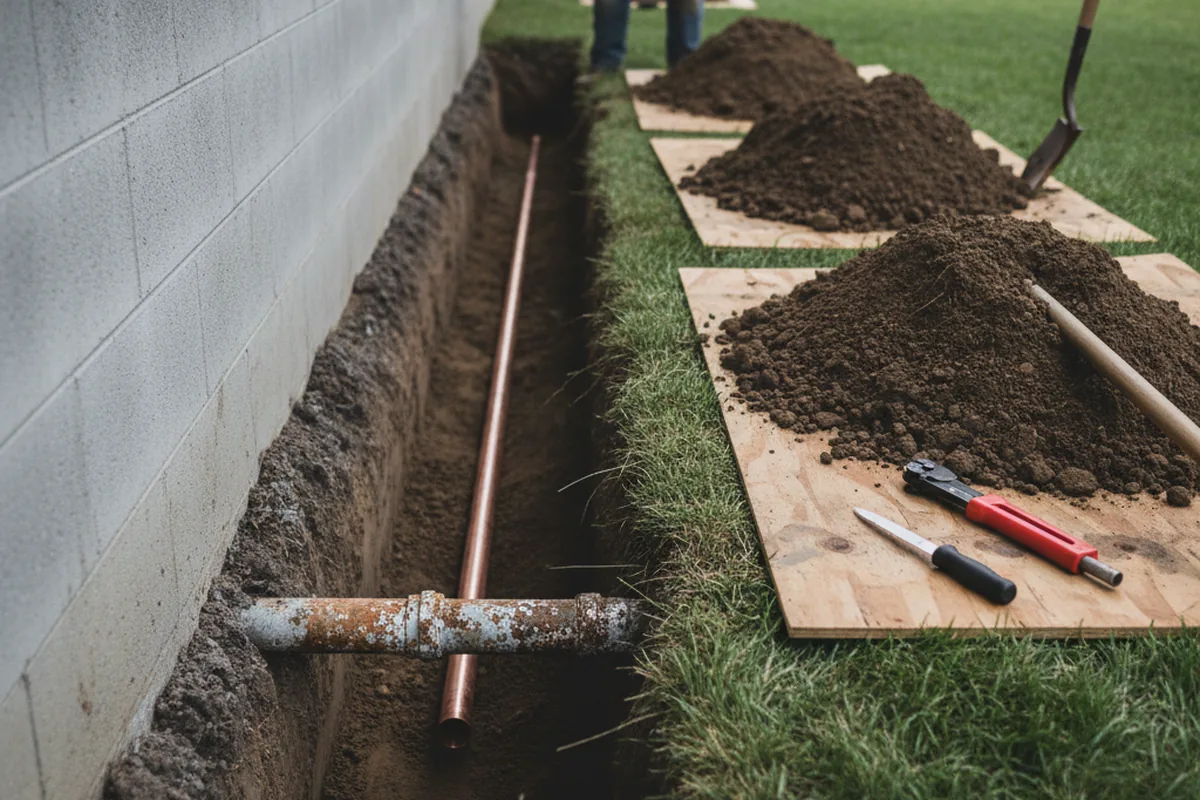 Excavated water line trench during Water Softener Installation in Granby